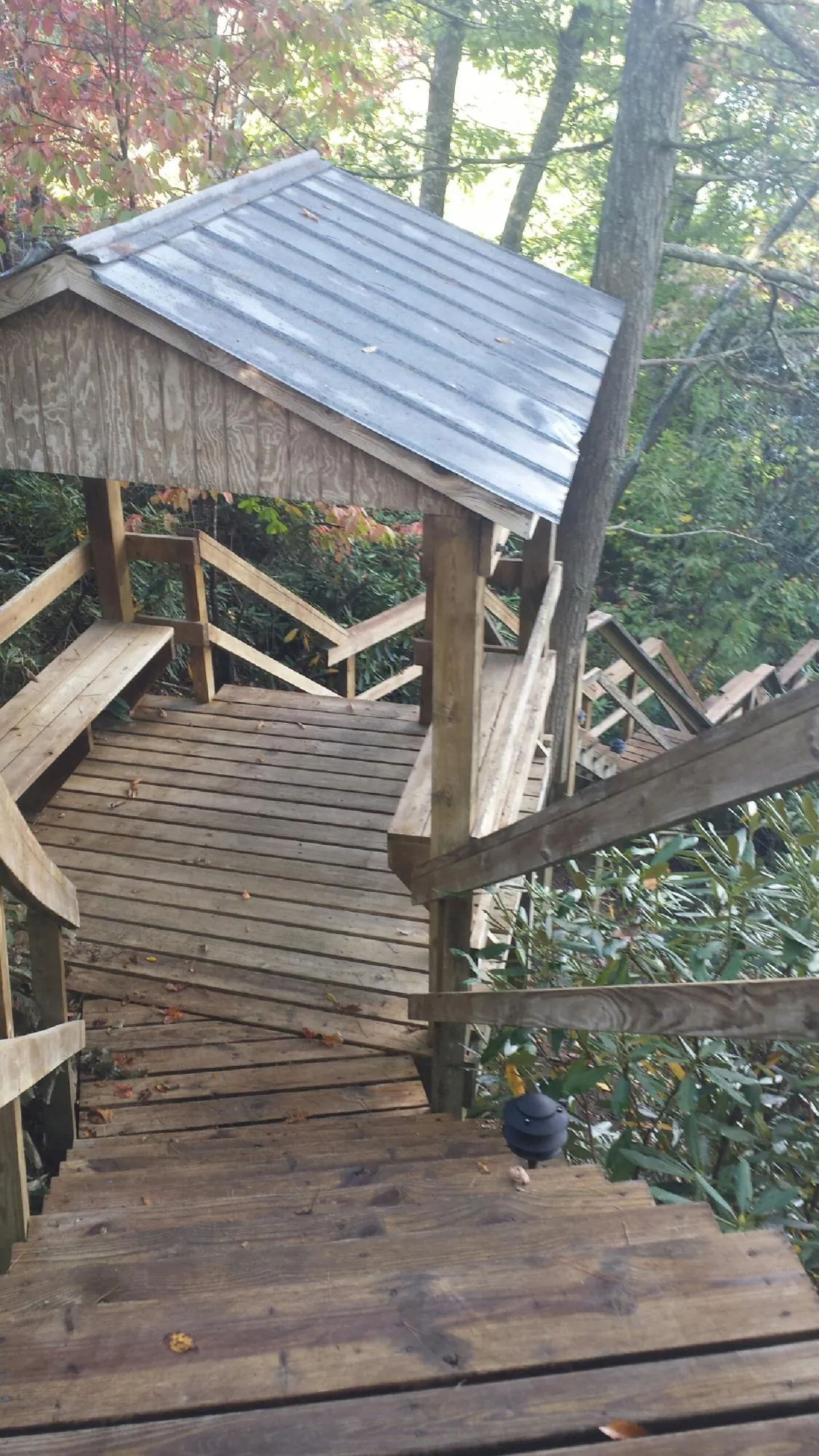 Metal roofed shelter over wooden steps on a wooded walkway — Skylight Repair & Installation work by our crew in Coinjock